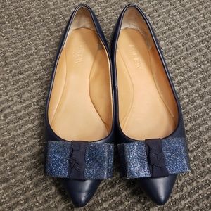 J. Crew Blue Leather Flats With Glittered Bow